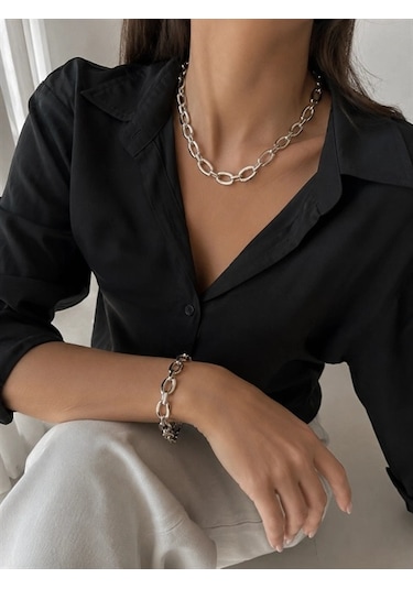 Unisex Oval Halkalı Zincir 2'li Kolye Bileklik Seti Gümüş