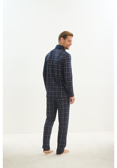 Erkek Uzun Kol Gömlek Yaka Önden Düğmeli Lacivert Pijama Takım C5t3n5o9 001