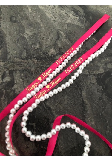 Dökülen İncili Isimli Yüzük Kurdelesi Söz Kurdelesi Fuşya