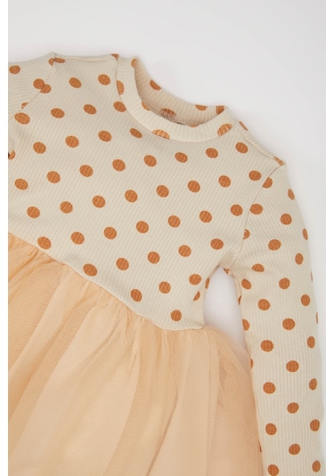DeFacto Kız Bebek Çiçekli Uzun Kollu Tül Elbise D9573A525SPBG360 Bej