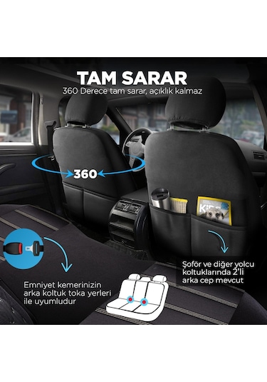 Panda Special Serisi Jakar Kumaş Oto Koltuk Kılıfı - Siyah - Gri
