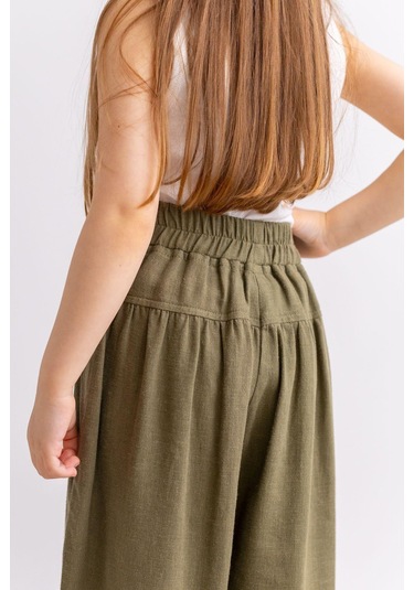 Oliventhekid Korsajlı Büzgülü Keten Kız Çocuk Pantolon Haki Haki