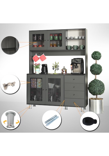 Pasific Home Grano Kahve Köşesi Çok Amaçlı Kiler Dolabı, 140 cm, Antrasit