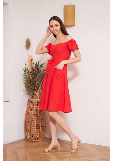 Darlin Moda Kırmızı Omzu Açık Elbise Dm1008 Kırmızı