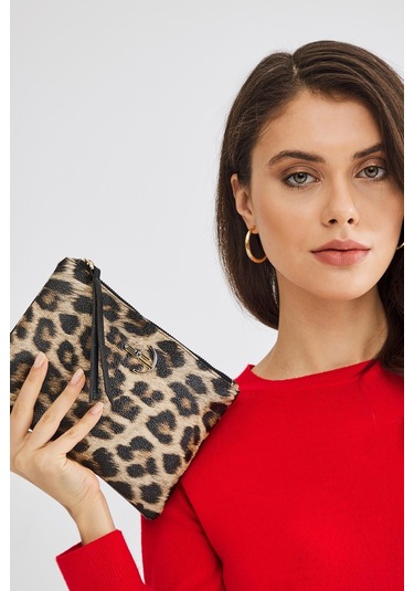 Deri Company Kadın Basic Clutch Çanta Leopar Desen Taba Siyah (4031-T) 214030 Taba