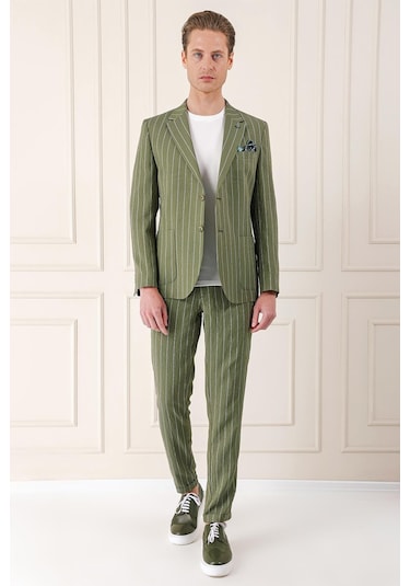 Comfort Fit Çift Yırtmaç İtalyan Çizgili Keten Casual Haki Ceket C 671 Haki