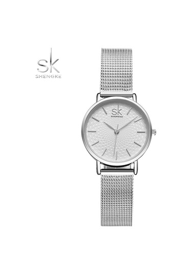 Gümüş Shengke Sıcak Satış Şerit Örgü Paslanmaz Çelik Kadın Saatleri Minimalist Tarzı Bayanlar Kuvars Kol Saatleri Zarif Saat