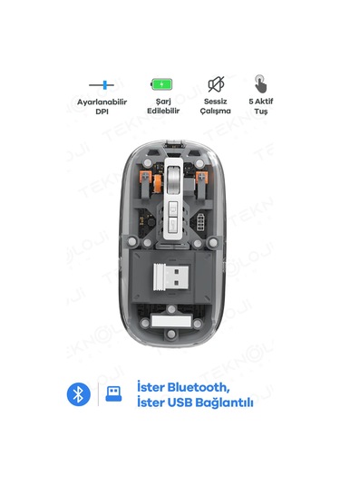 Kablosuz Mouse Fare Şarjlı Bluetooth Wireless Çift Modlu Sessiz 5 Tuşlu Şeffaf Dpı Kontrol Siyah 001