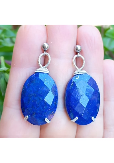 2742 Lapislazuli El Yapımı Çelik Aparatlı Küpe Lacivert
