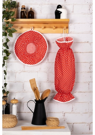 6 Parça Mutfak Seti & Mutfak Önlüğü , Fırın Eldiveni , 2li Tutacak , Organizer Poşetlik , Demlematikkırmızı Puantiye