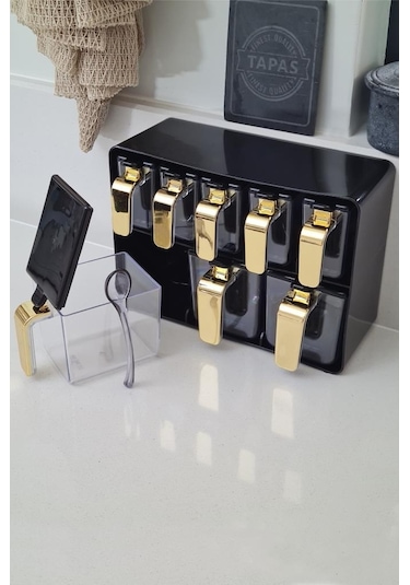 Herevin Sekizli Standlı Baharatlık Seti Gold Kulplu Siyah Kapak 161280-822 Gold - Siyah