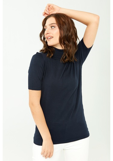 Desen Triko Kadın Likralı Kısa Kollu Tam Balıkçı Bluz 20346 Koyu