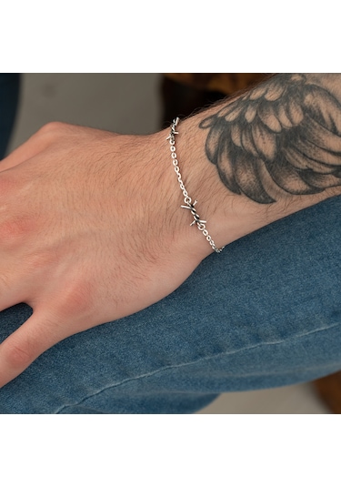 Dkmn Gümüş Dikenli Tel Şekilli 925 Ayar Erkek Gümüş Bileklik