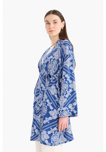 Defacto Relax Fit Bisiklet Yaka Desenli Viskon Kimono E7262ax25smbe399 Mavi