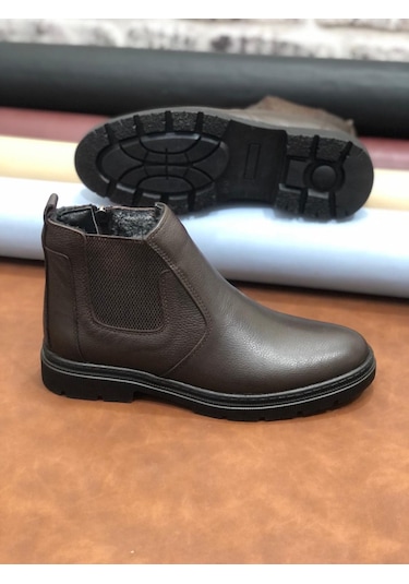 Hakiki Deri Ortopedik Büyük Numara 45-46-47 Kürklü Kışlık Erkek Bot Kahve