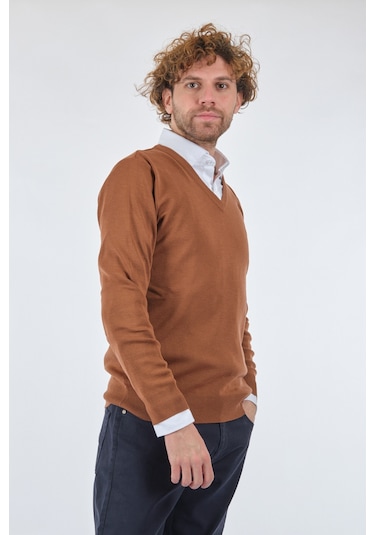 De Blasıo V Yaka Uzun Kollu Çikolata Erkek Kazak 222340020 Tarçın