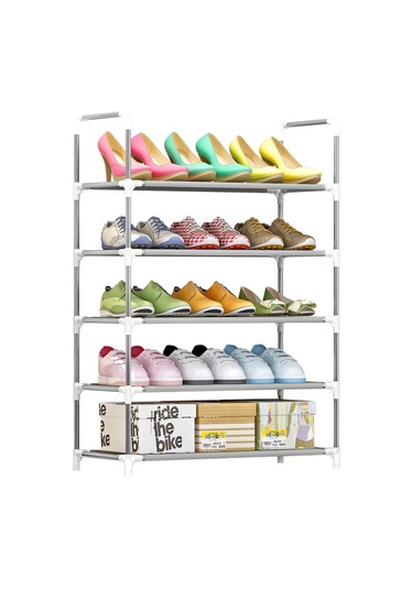 Tenfowee 5 Katmanlı Ayakkabı Rafı, 15 Çift Ayakkabı Kapasiteli, Gri, Demir Boru Ve Kumaş Malzeme, Katlanabilir Gri