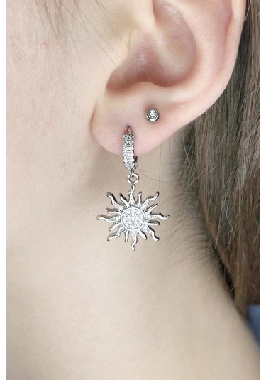 Zirkon Taşlı, Güneş Figürlü Paslanmaz Çelik Küpe 641, Gümüş Renk Gümüş