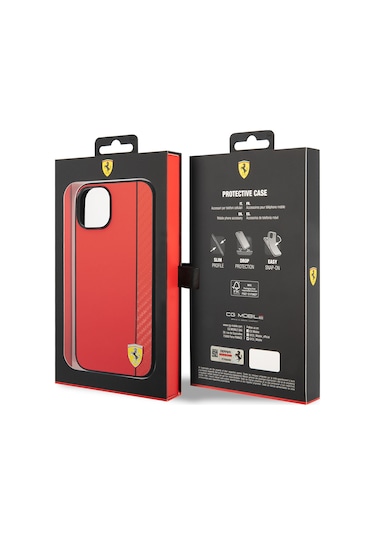 İphone Uyumlu 14 Kılıf Ferrari Lisanslı Magsafe Uyumlu Pu Deri Ve Karbon Şeritli Dizayn Kapak Kırmızı