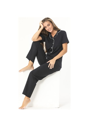 Düğmeli Pijama Takım Siyah