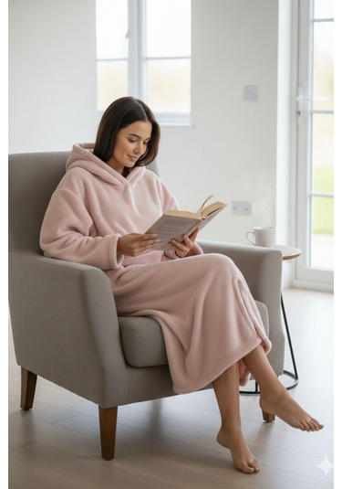Serona Wellsoft Peluş Kapüşonlu Uzun Panço Yumuşak Dokulu Giyilebilir Tv Battaniyesi Pudra S/m Pudra