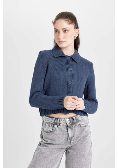 Defacto Regular Fit Polo Yaka Basic Düz Düğmeli Triko Hırka D5395AX24AUNV215 Lacivert