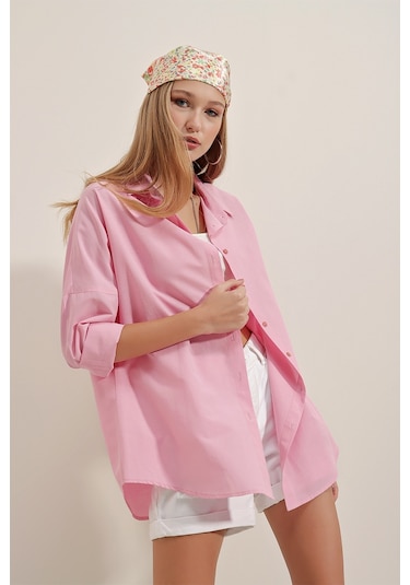 Bigdart 3900 Oversize Uzun Basic Gömlek - Pembe 001
