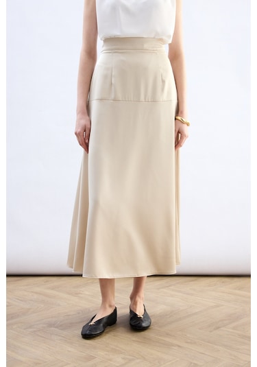 Sateen Yüksek Bel Saten Etek - Taş-136786 Taş