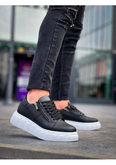 Kb-x155 Kuback Siyah Cilt Detaylı Beyaz Yüksek Taban Günlük Spor Ayakkabı Siyah1 Siyah
