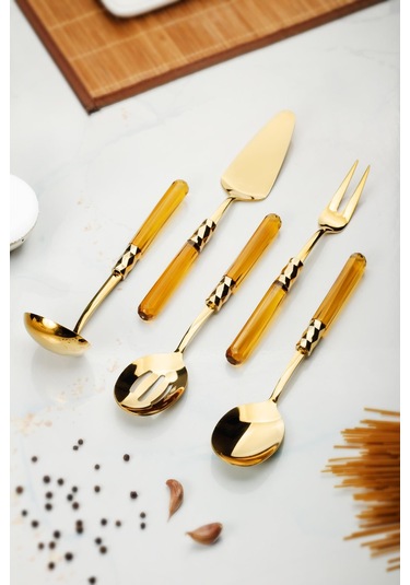 5 Parça Gold Servis Seti & Servis Sunum Seti Amber Kepçe / Kevgir / Sıpatula / Çatal / Kaşık