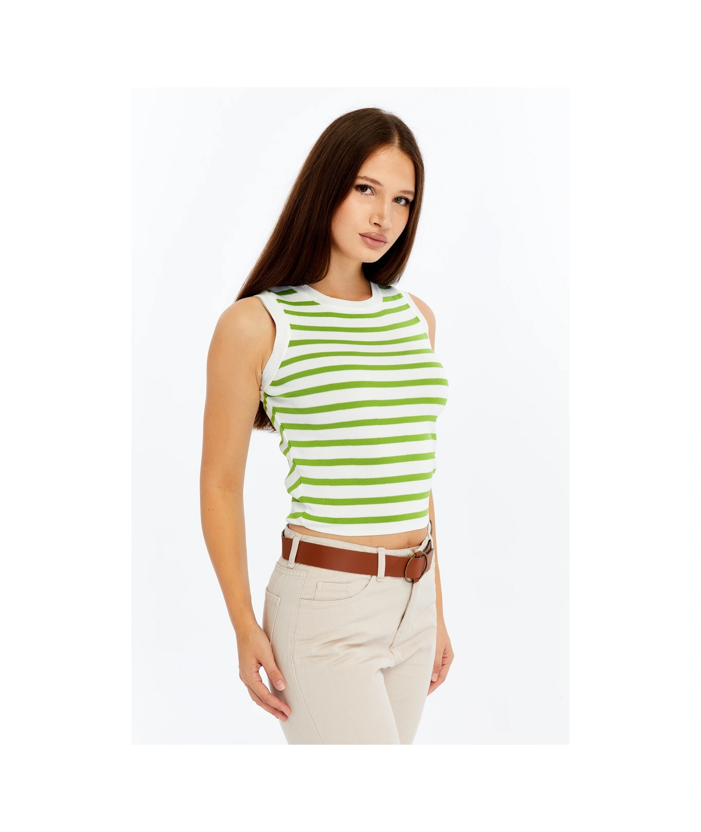 Kadın Çizgili Triko Kare Yaka Crop Atlet Yeşil Beyaz Askılı Bluz Yeşil