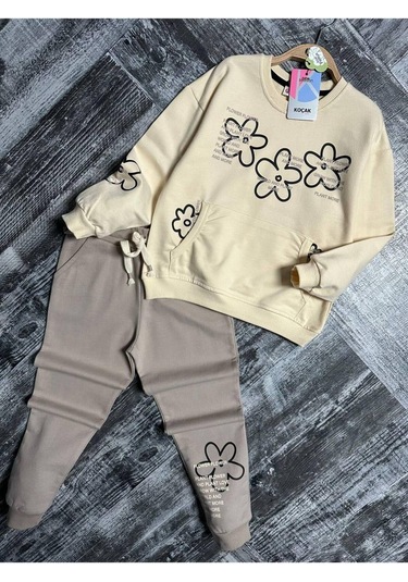 Çiçekli Kanguru Cepli Kız Çocuk 2'li Takım Bej