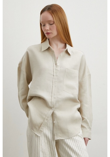 Robalı Cepli Keten Gömlek Taş TAŞ Taş