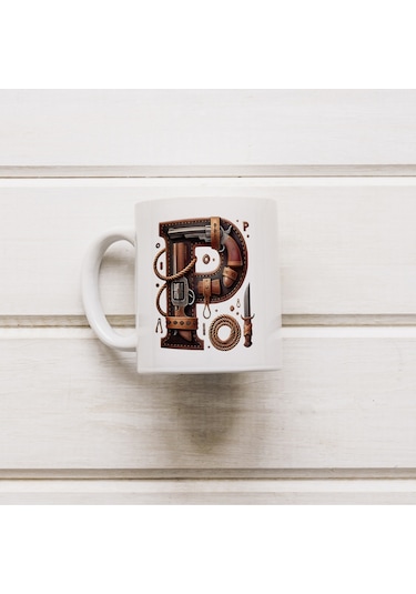 P Harfi Kovboy Temalı Bardak 330 Ml İsim / Harf Kişiye Özel Hediye - Vahşi Batı Konsept Beyaz