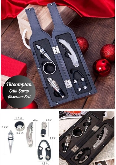 5 Parça Çelik Şişe Açacağı Seti Dekoratif Kılıf İle Şık Hediye Seti , Wine Opener Gift Set Siyah