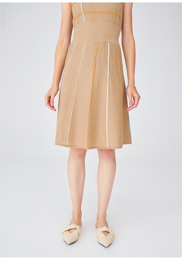 Peraluna Çizgili Yüksek Bel Bol Kesim Diz Altı Kadın Triko Etek C Camel