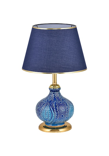Patara Masa Lambası Abajur Mavi Çinili Gold Mavi