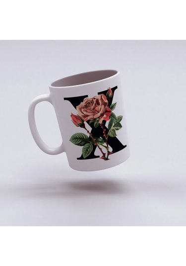 X Baş Harf Kırmızı Güller İle Sarılı Bardak 330 Ml Kişiye Özel Çiçekli Hediye Beyaz