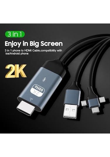 Pmr 3 İn 1 Apple Uyumlu iPhone To Hdmı Kablo 2k 60hz, 200cm, Type-c, Lightning, Micro Usb