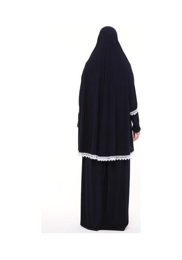 Kadın İki Parça Likra Sandy Kumaş Dantelli Kollu Namaz Elbisesi Lacivert Antrasit
