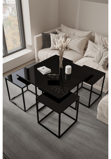 4+1 Siyah Kaplama Siyah Ayna Orta Sehpa