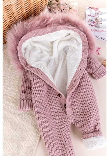Triko Örgü Kışlık İçi Welsoft Astarlı Kapüşonlu Kız/erkek Bebek Tulum Gülkurusu
