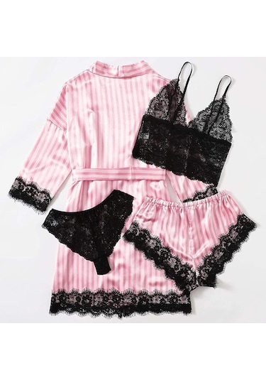 Kadın Pijama Takımları 4 Parça Saten İpek Pijama Takımı Bornoz Mavi