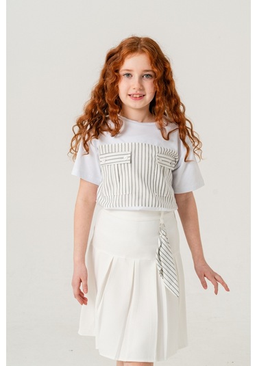 Kız Çocuk Pileli Keten Etek 2957 Beyaz
