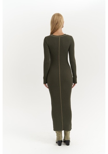 Aston Çizgi Detay Haki Triko Elbise Haki