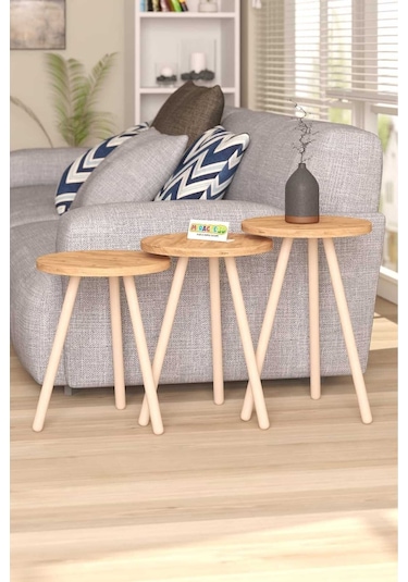 Miracle 3d Zigon Sehpa Ahşap Ayaklı Çam 3'lü Yuvarlak Atlantik