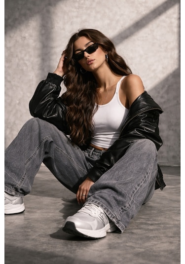 St.poll Y2k Vintage Eskitme Füme Unisex Baggy Jean Pantolon Gri