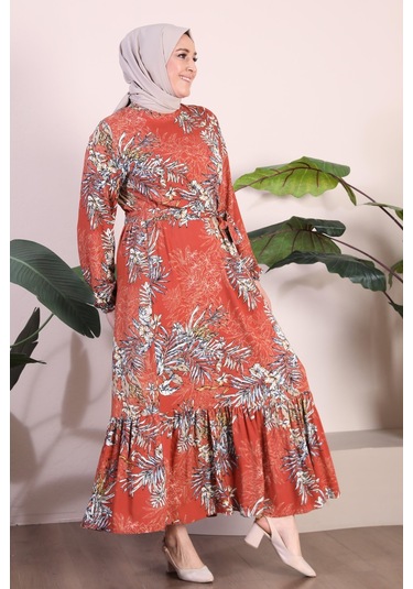 Kadin Büyük Beden Elbise Palmiye Desenli Viskon Elbise 001