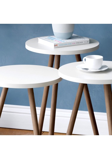 Üçlü Zigon Sehpa Ahşap Ayaklı Pastel Renkli Yuvarlak Tasarım