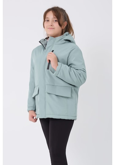 Kız Çocuk Mint Yeşil İçi Kürklü Su Ve Rüzgar Geçirmez Kapüşonlu 3 Cep Kışlık Mont & Kaban & Parka Mint Yeşili